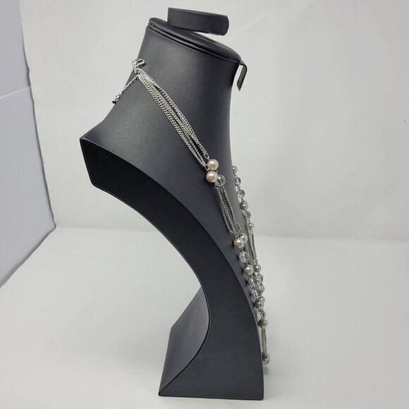 Express Layered Princess Matinee Necklace Silver Faux Pearl Crystal Multi Chain - Picture 7 of 10